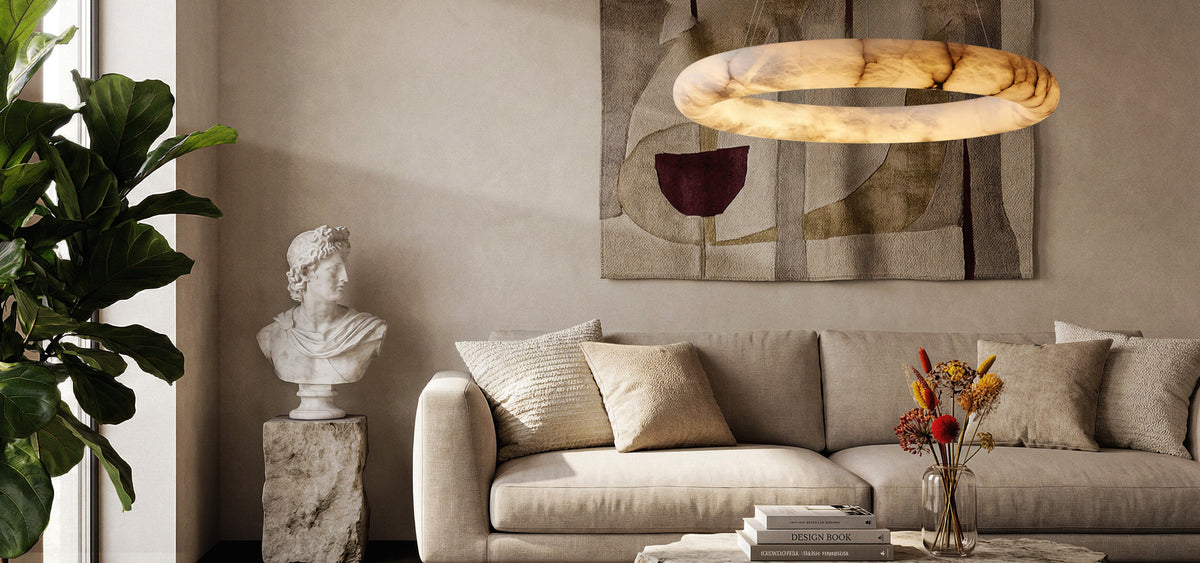 Pendant light above a luxury living room seating area