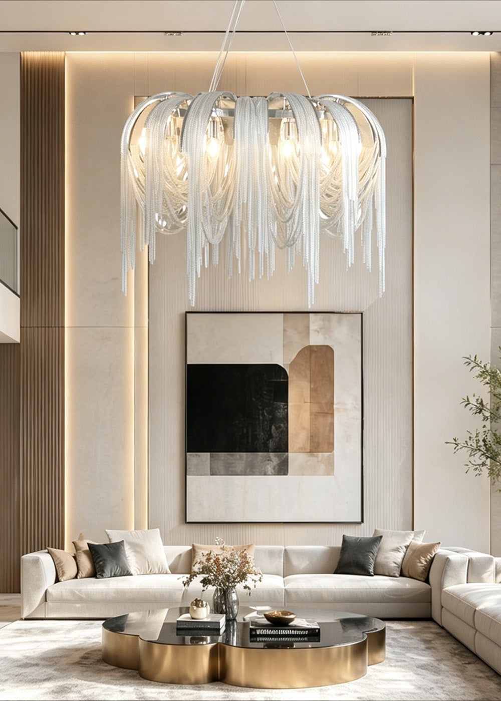 Crystal chandelier illuminating a modern living room