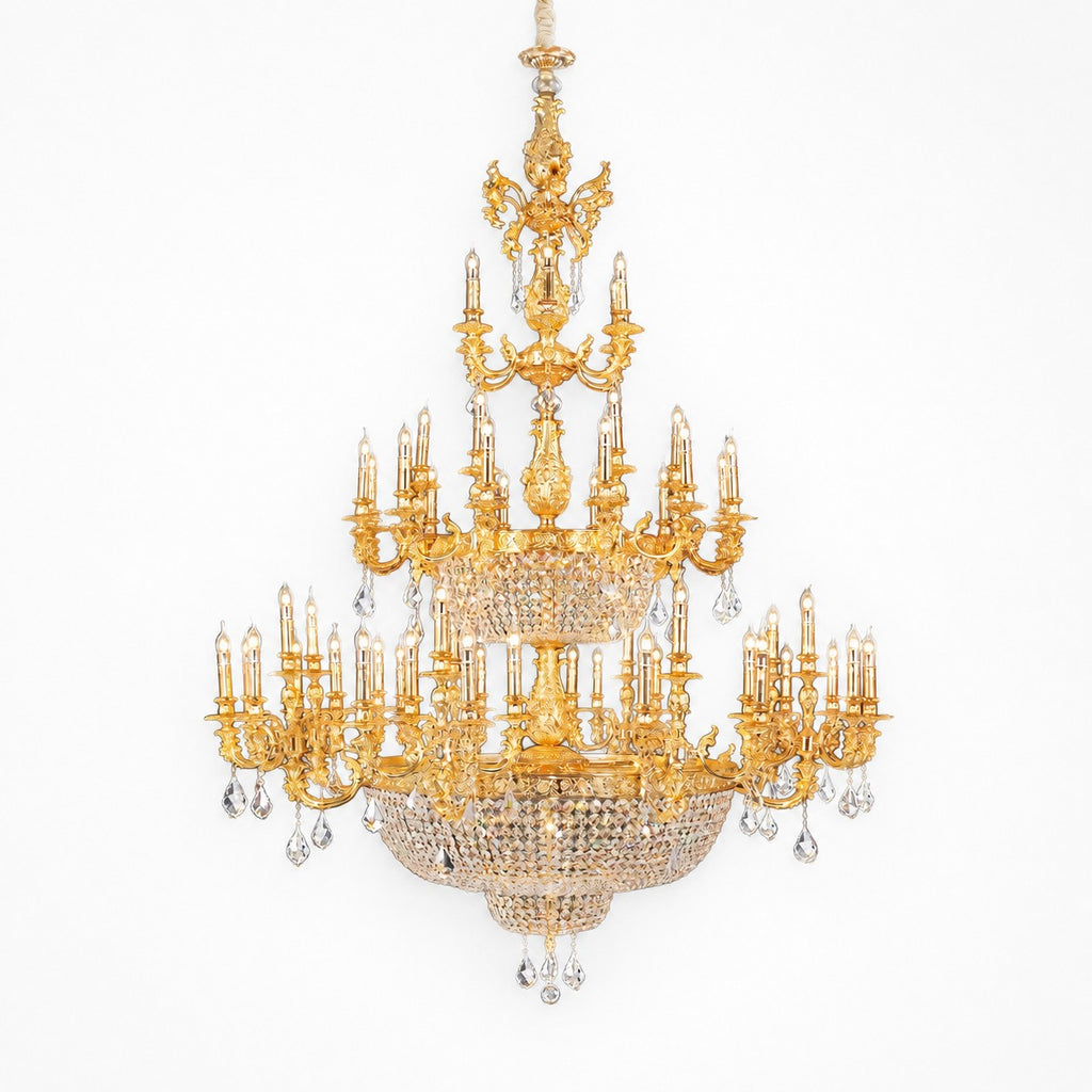 Large classic brass chandelier - full three-tier view on a white background
