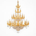 Large classic brass chandelier - full three-tier view on a white background